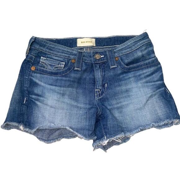 Big Star distressed denim jean shorts raw hem mid rise SZ 26" cutoff stretch - Picture 2 of 6